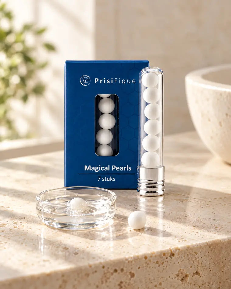 De doos en het buisje Magical Pearls op een badkamerblad, met een parel in een schaaltje met water