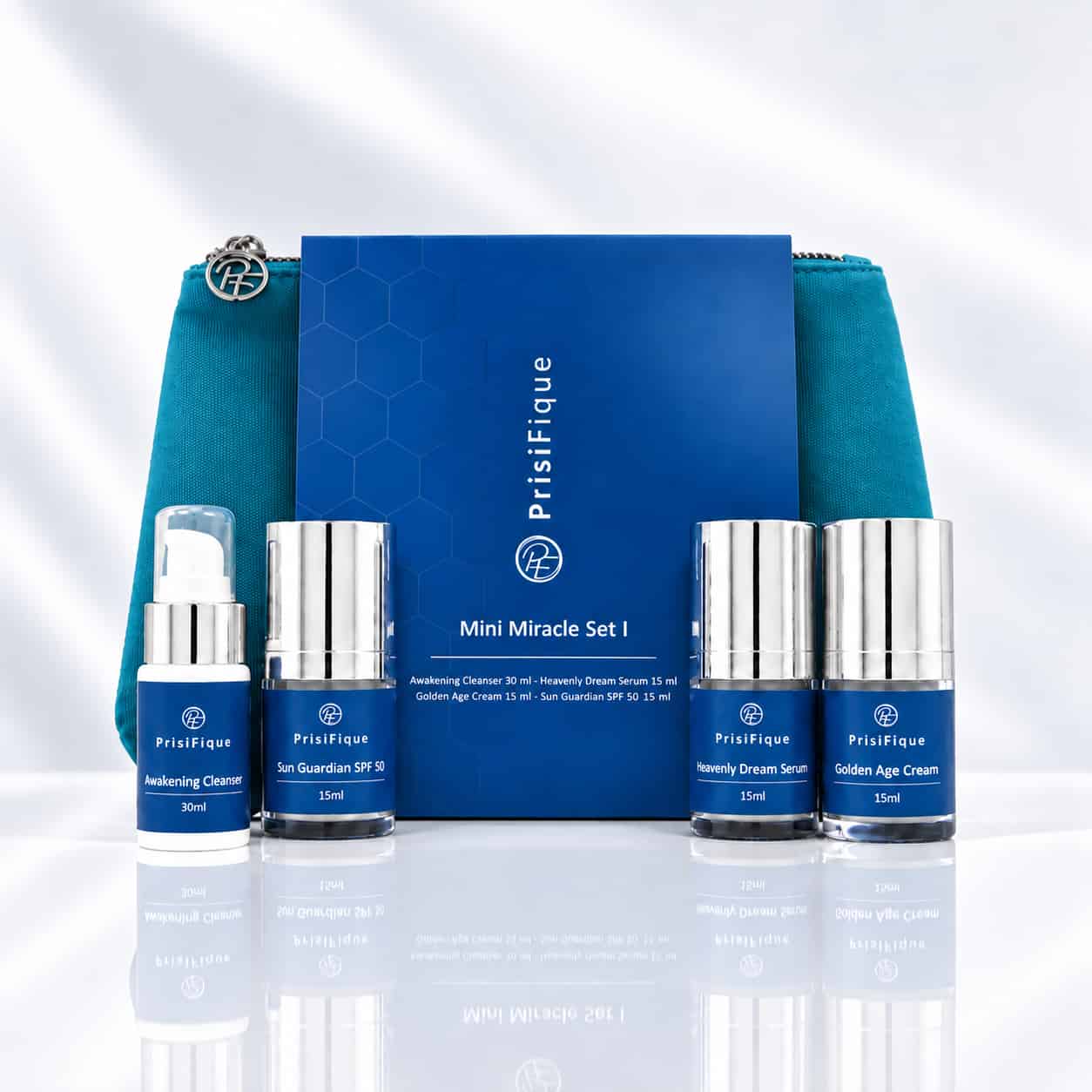 Miracle Discovery Set Comfort: Awakening Cleanser, Sun Guardian SPF 50, Heavenly Dream Serum en Golden Age Cream voor de doos en het etui