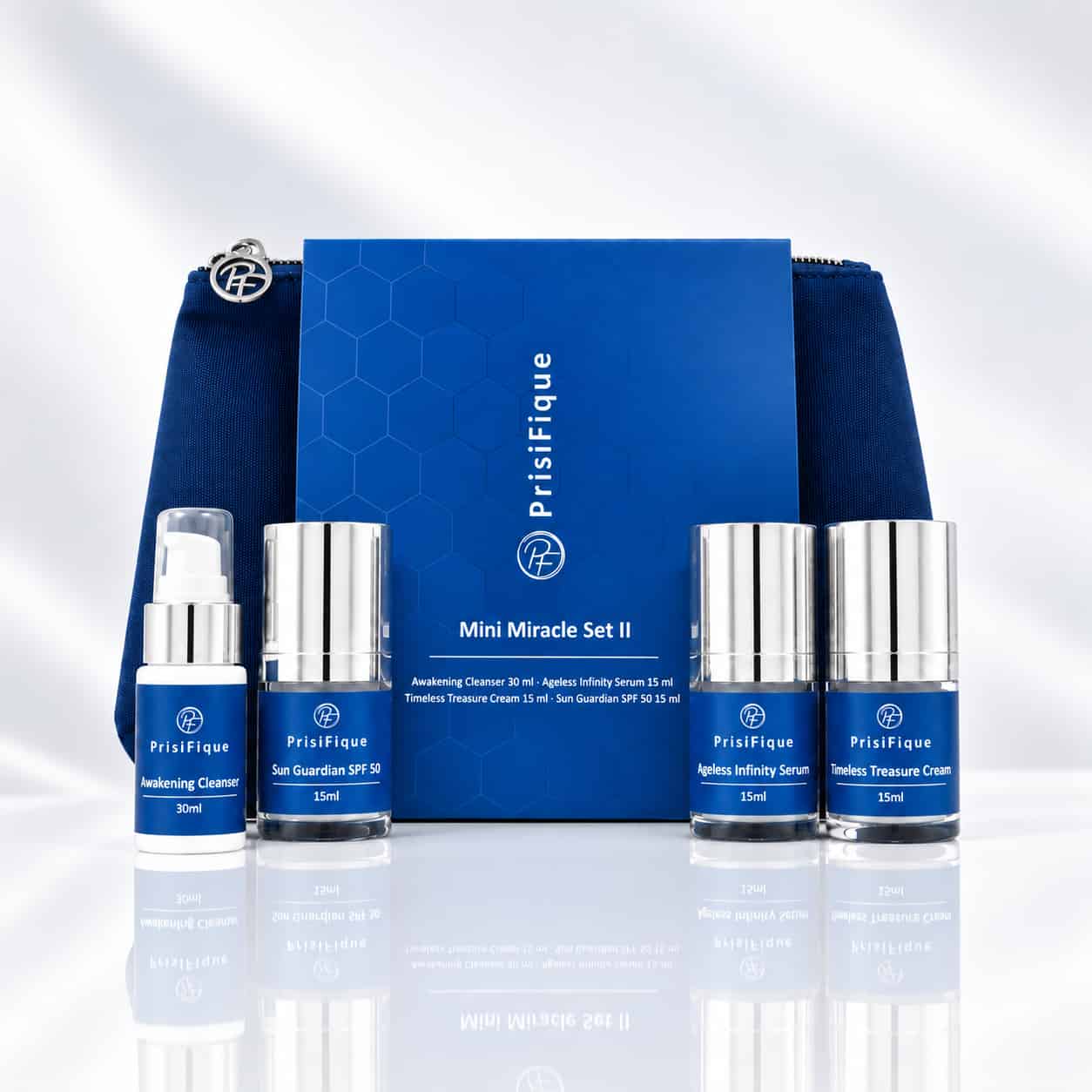 Miracle Discovery Set Firmness: Awakening Cleanser, Sun Guardian SPF 50, Ageless Infinity Serum en Timeless Treasure Cream voor de doos en het etui