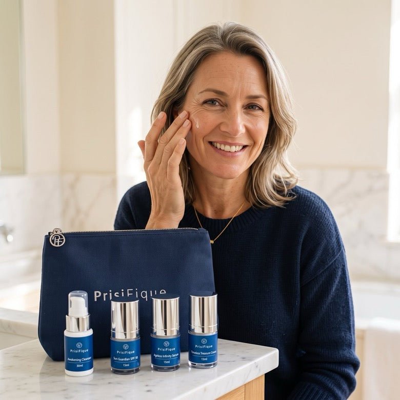Vrouw brengt serum aan op haar wang, met het PrisiFique-etui en de vier flesjes van de Firmness-set op de wastafel