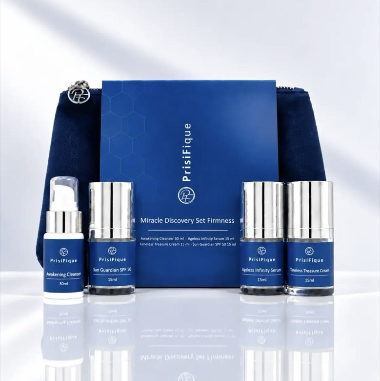 Miracle Discovery Set Firmness: de doos, het navy etui en de vier flesjes