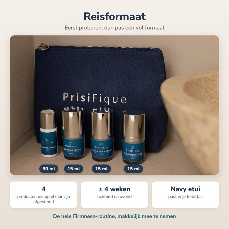 De vier flesjes en het navy etui op ware grootte naast elkaar
